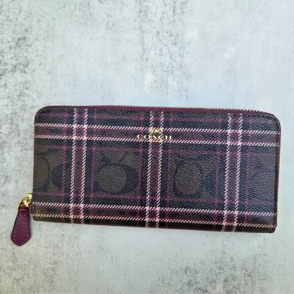 Coach Signature Slim Shirting Plaid Print Canvas Accordion Zip Wallet F87718 - Picture 3 of 10